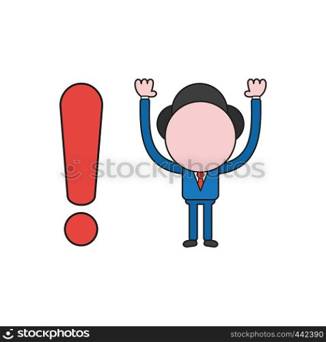 Vector illustration concept of businessman character with exclamation mark. Color and black outlines.