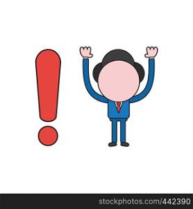 Vector illustration concept of businessman character with exclamation mark. Color and black outlines.