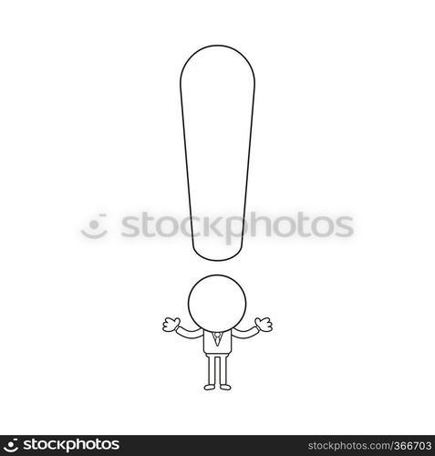 Vector illustration concept of businessman character with exclamation mark head. Black outline.