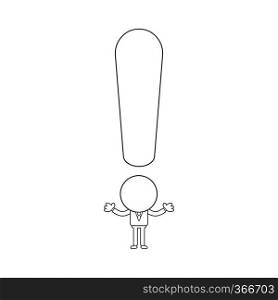 Vector illustration concept of businessman character with exclamation mark head. Black outline.