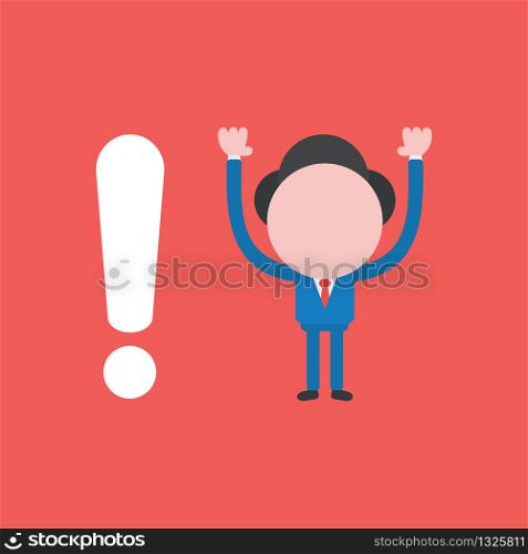 Vector illustration concept of businessman character with exclamation mark. Red background.