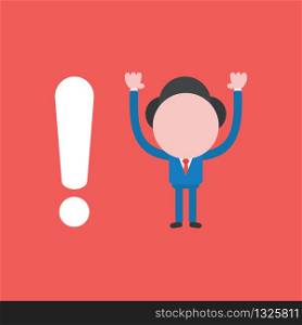Vector illustration concept of businessman character with exclamation mark. Red background.