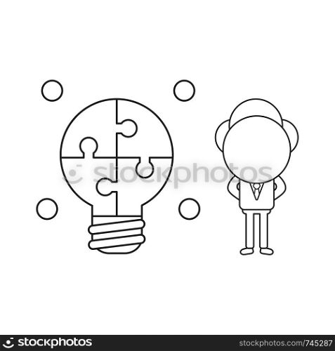 Vector illustration concept of businessman character with glowing connected light bulb puzzle. Black outline.
