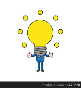 Vector illustration concept of businessman character with glowing light bulb head and showing thumbs-up.Color and black outlines.