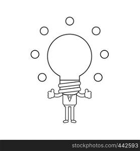 Vector illustration concept of businessman character with glowing light bulb head and showing thumbs-up. Black outline.