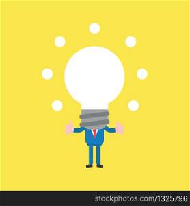 Vector illustration concept of businessman character with glowing light bulb head. Yellow background.