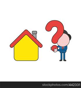 Vector illustration concept of businessman character with house and holding question mark. Color and black outlines.