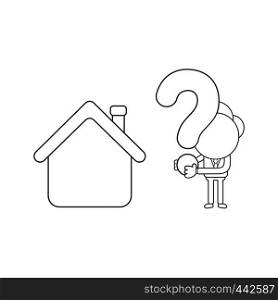 Vector illustration concept of businessman character with house and holding question mark. Black outline.
