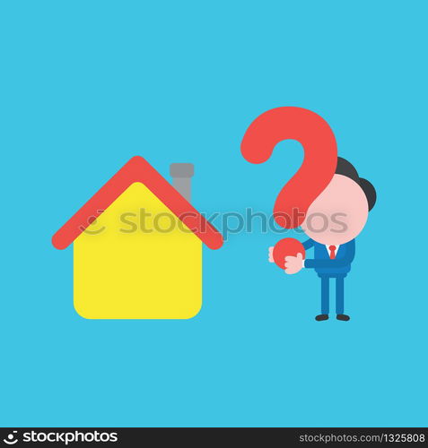 Vector illustration concept of businessman character with house and holding question mark. Blue background.