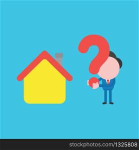 Vector illustration concept of businessman character with house and holding question mark. Blue background.