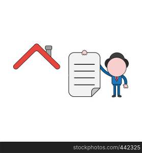 Vector illustration concept of businessman character with house roof and holding written paper. Color and black outlines.