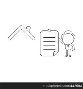 Vector illustration concept of businessman character with house roof and holding written paper. Black outline.