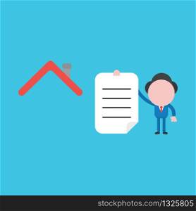 Vector illustration concept of businessman character with house roof and holding written paper. Blue background.