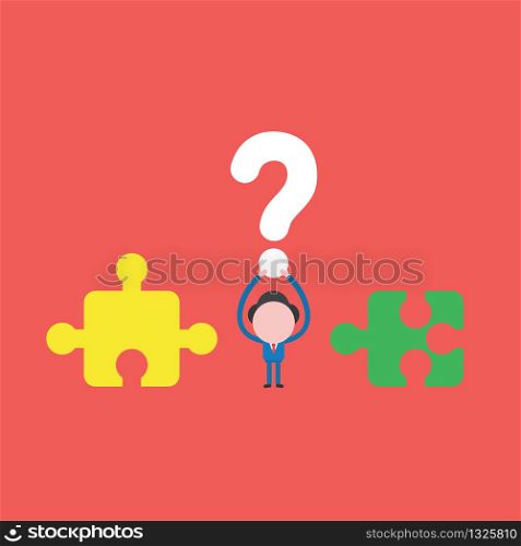 Vector illustration concept of businessman character with incompatible jigsaw puzzle pieces and holding up question mark. Red background.