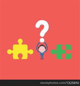 Vector illustration concept of businessman character with incompatible jigsaw puzzle pieces and holding up question mark. Red background.
