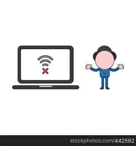 Vector illustration concept of businessman character with laptop computer and wireless wifi symbol with x mark. Color and black outlines.
