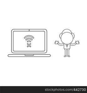 Vector illustration concept of businessman character with laptop computer and wireless wifi symbol with x mark. Black outline.