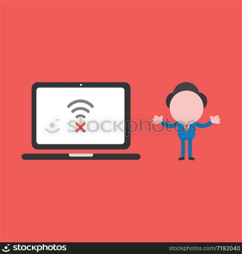 Vector illustration concept of businessman character with laptop computer, wireless wifi connect problem. Red background.