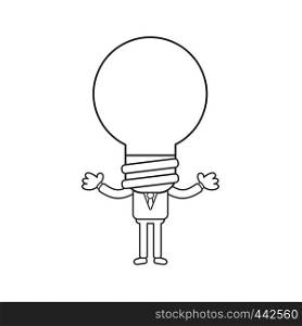 Vector illustration concept of businessman character with light bulb head. Black outline.