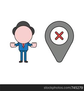 Vector illustration concept of businessman character with map pointer and x mark and showing hand stop gesture. Color and black outlines.