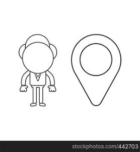 Vector illustration concept of businessman character with map pointer. Black outline.