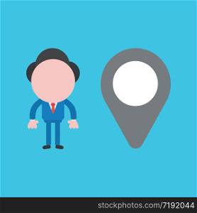 Vector illustration concept of businessman character with map pointer. Blue background.
