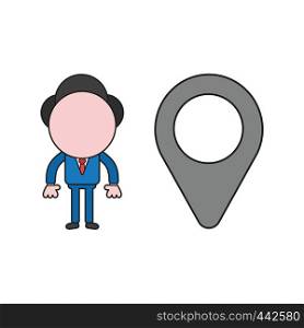 Vector illustration concept of businessman character with map pointer. Color and black outlines.