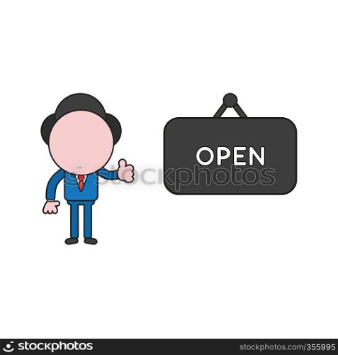 Vector illustration concept of businessman character with open hanging sign and showing thumbs-up. Color and black outlines.