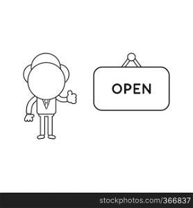 Vector illustration concept of businessman character with open hanging sign and showing thumbs-up. Black outline.