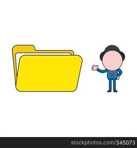 Vector illustration concept of businessman character with opened file folder. Color and black outlines.