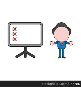 Vector illustration concept of businessman character with presentation chart and x mark and showing hand stop gesture. Color and black outlines.