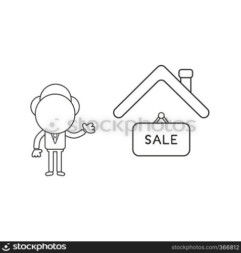 Vector illustration concept of businessman character with sale hanging sign under house roof. Black outline.