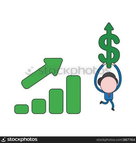 Vector illustration concept of businessman character with sales bar graph and carrying dollar arrow up. Color and black outlines.