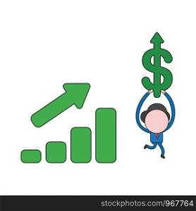 Vector illustration concept of businessman character with sales bar graph and carrying dollar arrow up. Color and black outlines.