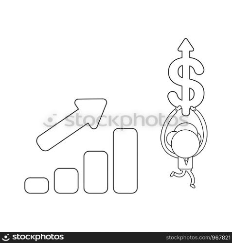 Vector illustration concept of businessman character with sales bar graph and carrying dollar arrow up. Black outline.