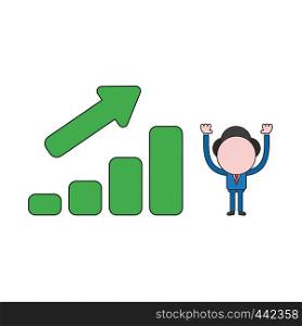 Vector illustration concept of businessman character with sales bar graph moving up. Color and black outlines.