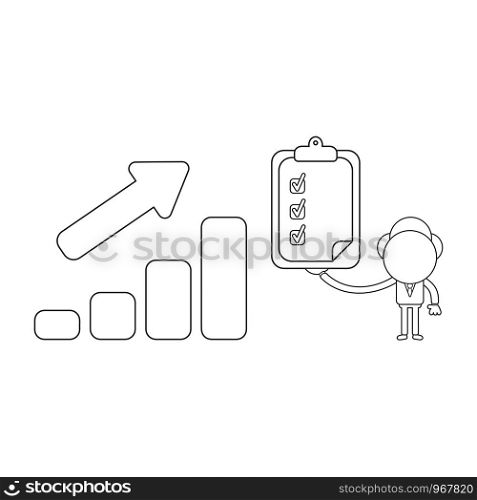 Vector illustration concept of businessman character with sales bar graph moving up, holding clipboard with check marks. Black outline.