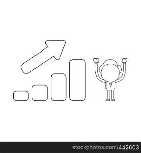 Vector illustration concept of businessman character with sales bar graph moving up. Black outline.