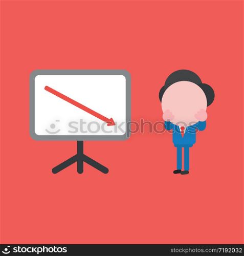 Vector illustration concept of businessman character with sales chart and arrow moving down. Red background.