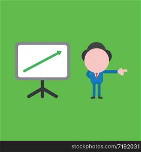 Vector illustration concept of businessman character with sales chart and arrow moving up. Green background.