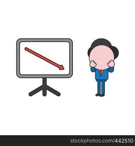 Vector illustration concept of businessman character with sales chart arrow moving down. Color and black outlines.