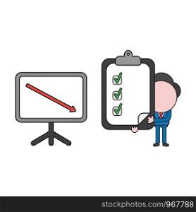 Vector illustration concept of businessman character with sales chart arrow moving down and holding clipboard and check marks. Color and black outlines.
