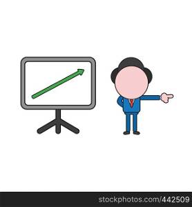 Vector illustration concept of businessman character with sales chart arrow moving up. Color and black outlines.