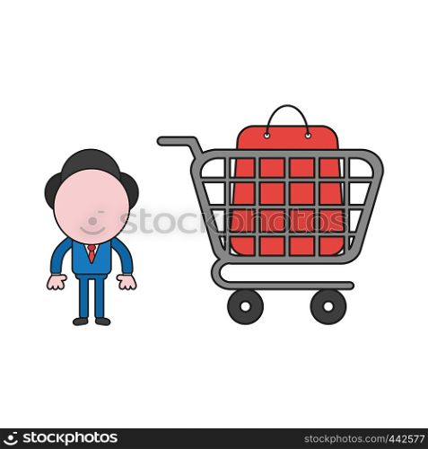 Vector illustration concept of businessman character with shopping bag inside shopping cart. Color and black outlines.