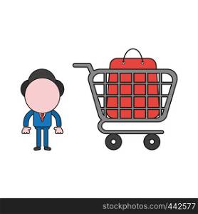 Vector illustration concept of businessman character with shopping bag inside shopping cart. Color and black outlines.