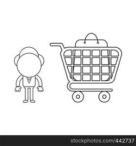 Vector illustration concept of businessman character with shopping bag inside shopping cart. Black outline.
