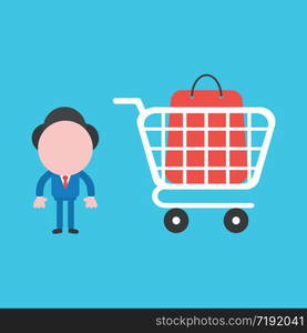 Vector illustration concept of businessman character with shopping bag inside shopping cart. Blue background.