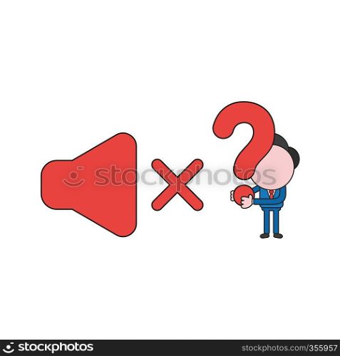 Vector illustration concept of businessman character with sound off symbol and holding question mark. 