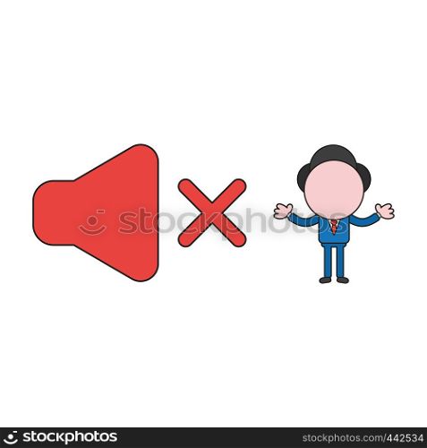 Vector illustration concept of businessman character with sound off symbol. Color and black outlines.