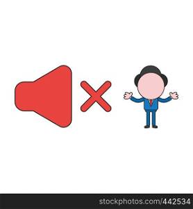 Vector illustration concept of businessman character with sound off symbol. Color and black outlines.